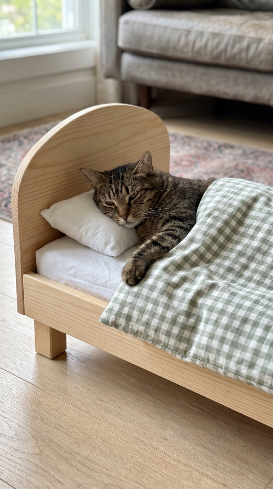 Illustration of a tabby cat tucked in under the duvet with its head on the pillow