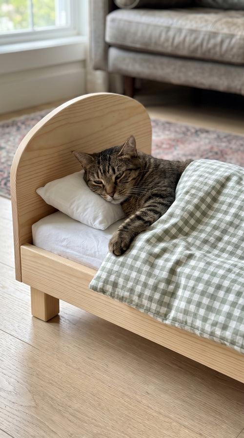 Illustration of a tabby cat tucked in under the duvet with its head on the pillow